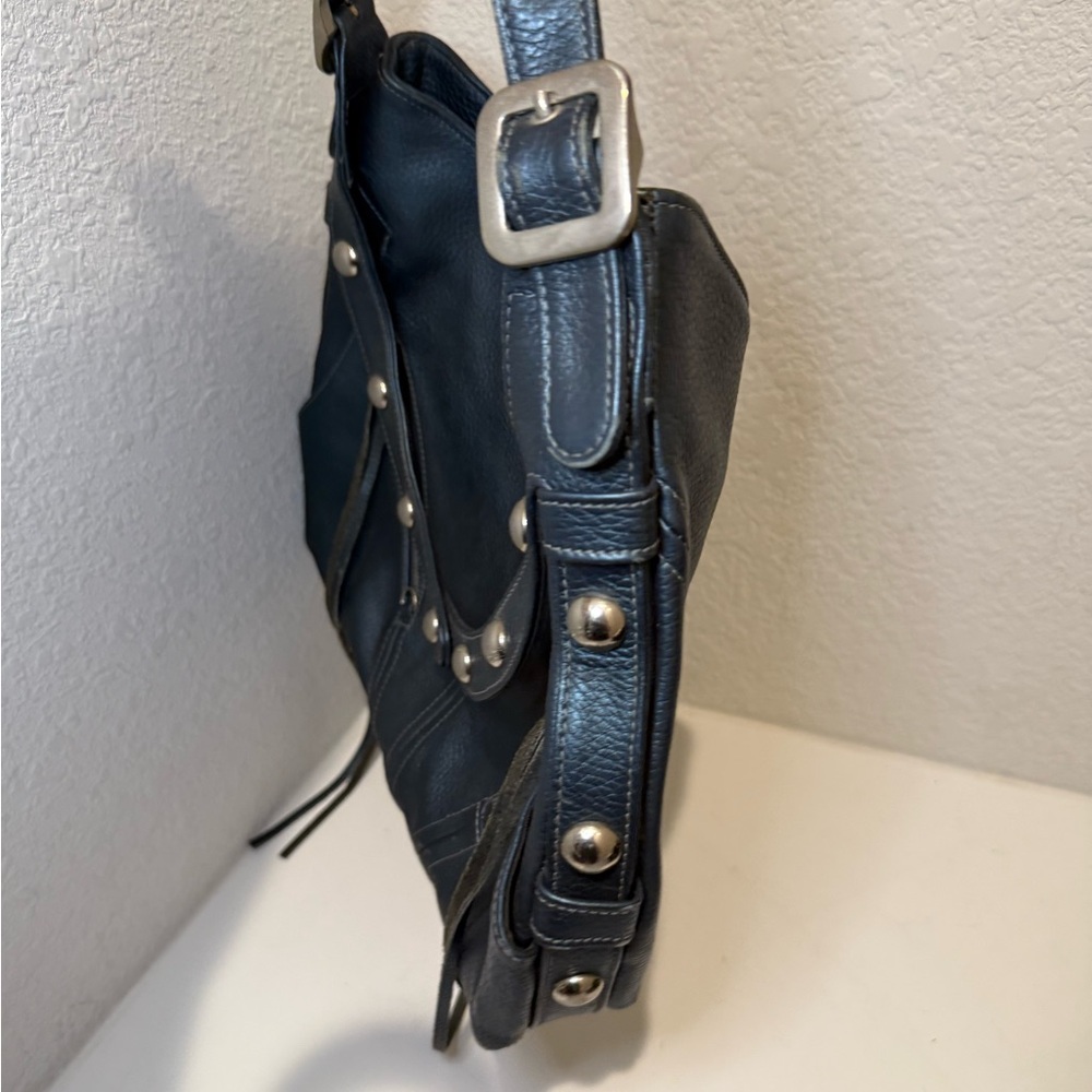 Botkier TRIGGER Mermaid Blue Moto Leather Hobo Shoulder Bag Studded Fringe - Picture 11 of 15
